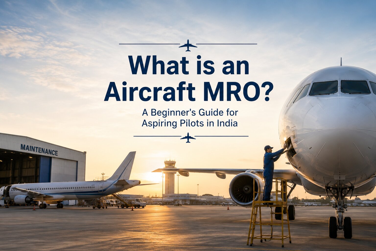 Aircraft MRO hangar with maintenance technicians